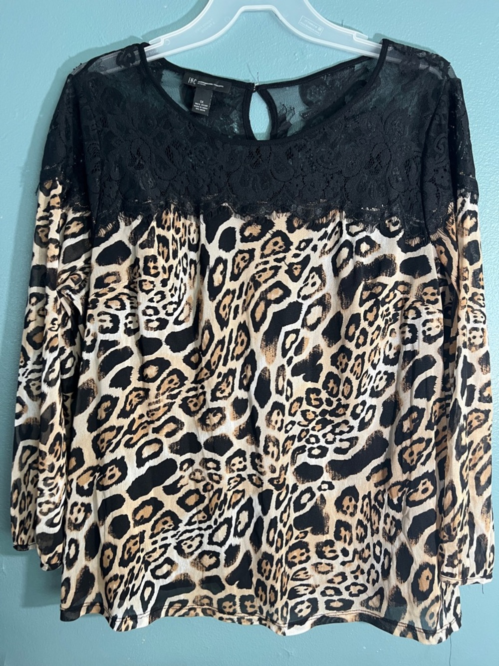 INC International Concepts Black and Tan Leopard Lace Yoke Long Sleeve Top
